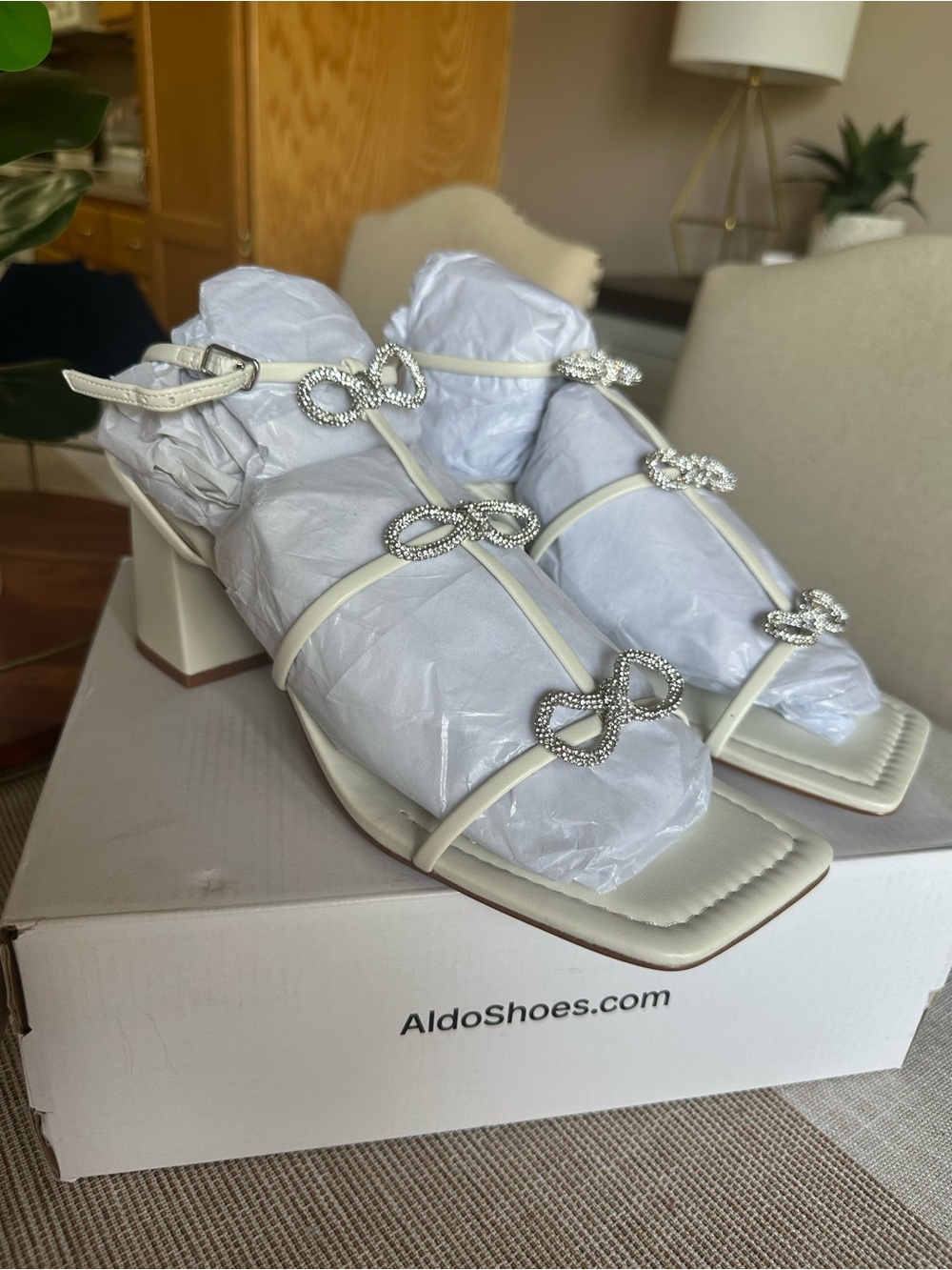 Aldo Cream Rhinestone-Strap Block Heel Sandals